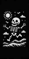 Dotted skeleton illustration dancing on waves under sun with clouds and birds on black background. Minimalist gothic art style.