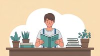 Young man reading book at wooden desk with plants and stack of books in cozy study room flat illustration for education and learning concepts.