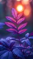 Delicate fern leaves illuminated by sunset light creating magical purple and pink hues against dark blue background with dreamy bokeh effect.