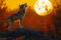 Gray wolf howling at full moon on rocky cliff during golden sunset with dramatic orange sky and silhouetted trees creating mystical wilderness atmosphere.