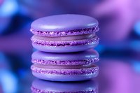 Delicate purple macarons stacked in elegant composition with soft bokeh background, showcasing French pastry artistry in dreamy violet tones and sparkling sugar details.