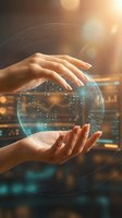 Hands protecting glowing digital sphere with network connections representing data security, technology innovation and cyber protection in modern business.