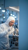 Male scientist in protective suit examining precision equipment with magnifying glass in sterile laboratory environment for quality control research.