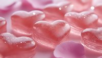 Translucent pink heart-shaped objects with sparkling details arranged on soft blurred background, suitable for Valentine's Day, love, romance, and wedding design projects.