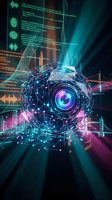 Futuristic digital eye with network connections and data visualization interface for cybersecurity and artificial intelligence technology concepts.