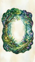 Watercolor enchanted forest frame with glowing lanterns, mushrooms, fairy path, and magical trees forming an oval border with copy space center.