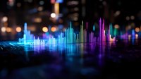 Glowing multicolored audio equalizer bars reflecting on dark surface with bokeh lights in background, creating futuristic music visualization effect.