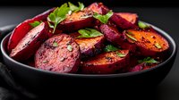 Roasted beet slices garnished with fresh herbs on black plate, vibrant burgundy color with caramelized edges and olive oil glaze, dramatic lighting.