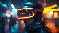 Futuristic glowing visor headset against urban night lights background with bokeh effect creates cyberpunk atmosphere for gaming and technology concepts.