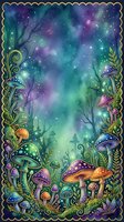 Enchanted forest scene with glowing mushrooms, magical woodland plants, and starry night sky with aurora borealis colors, surrounded by ornate gold decorative border frame.