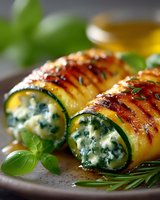 Grilled zucchini rolls stuffed with creamy ricotta and spinach filling, garnished with fresh basil leaves and rosemary on ceramic plate with olive oil.