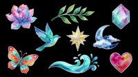 Watercolor lotus flower, hummingbird, butterfly, star, gemstone, wave, and heart design elements isolated on transparent background. Ready for t-shirt design, clipart, stickers, sublimation, and print-on-demand projects.