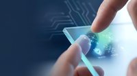 Close-up of hands holding transparent smartphone displaying glowing digital network icons and data connections, representing mobile technology, connectivity, and innovation for business applications.