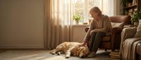Senior Caucasian woman in cozy sweater reading book while relaxing with golden retriever dog on living room floor near sunny window for lifestyle content.