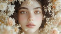 Young woman with flowers in hair, natural beauty portrait with soft lighting and floral crown for wellness, spa, skincare and feminine concepts.
