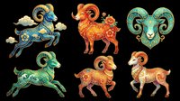 Colorful ornate rams with floral and swirl patterns, isolated on transparent background. Great for zodiac clipart, stickers, t-shirt design, print on demand, and sublimation.