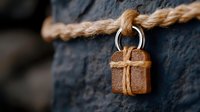 Rustic love lock with cross symbol tied with twine on rope against dark stone wall background, symbolizing eternal commitment and faith.