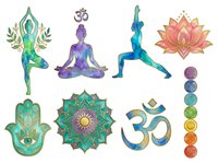 Yoga and meditation symbols with chakra colors, including poses, lotus flowers, om signs, hamsa hands, and chakra stones isolated on white background for wellness design projects.