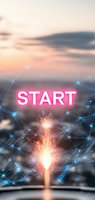 Glowing pink START text over network connections and bright spark explosion against sunset sky background, creating motivational business concept.