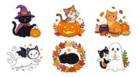 Cartoon cats in Halloween costumes and autumn settings with pumpkins, witch hats, and fall leaves. Isolated clipart for seasonal designs, greeting cards, and festive projects.