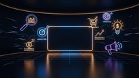 Digital marketing concept with glowing neon icons surrounding blank screen frame on dark futuristic background for business presentations and campaigns.