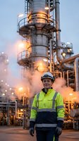 Young Caucasian female engineer in hi-vis jacket and hard hat stands confidently at an industrial refinery with steam and glowing lights.