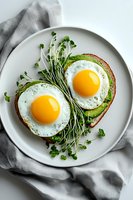 Sunny side up eggs on avocado toast garnished with fresh microgreens served on white plate. Healthy breakfast with bright yellow yolks and gray linen napkin.
