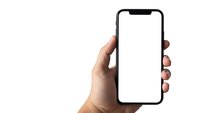 Hand holding modern smartphone with blank white screen isolated on white background for mockup and app presentation purposes.