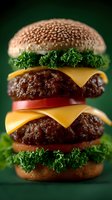 Double cheeseburger with fresh lettuce, tomato slices and beef patties on sesame seed bun against dark green background, macro food photography.