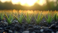 Young aloe vera plants growing in dark soil at sunset with golden bokeh background, water drops on succulent leaves create natural healing concept.