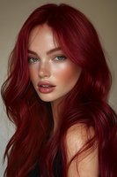 Young woman with vibrant burgundy red hair, green eyes and freckles looking at camera. Natural makeup with glossy lips and glowing skin. Fashion portrait on beige background.