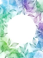 Watercolor floral frame with delicate leaves and botanical elements in blue, purple and green tones. Circular white space for text or design elements.