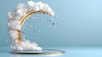 Decorative golden crescent moon arch with fluffy white clouds and sparkling stars on light blue background, modern minimal design for events and celebrations.