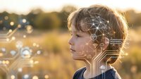 Young boy with digital network overlay on face representing artificial intelligence and technology concepts in golden hour outdoor setting.
