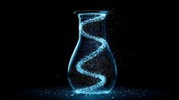 Glowing blue particles form spiral pattern inside glass laboratory flask on black background, creating magical scientific atmosphere.