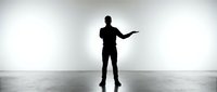 Silhouette of male figure in casual attire standing in minimalist white space with arm extended, suitable for business, motivation, leadership, and corporate design projects.
