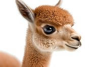 Brown baby alpaca head close up portrait with blue eyes and gentle expression on white background, isolated studio shot for design and advertising use.