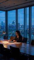 Professional businesswoman working late in modern office conference room with city skyline view during evening hours for corporate productivity.