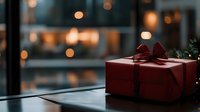 Red wrapped present with bow on wooden table against blurred bokeh lights background, creating cozy festive atmosphere for holiday celebrations.