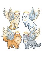 Cute cats with angel wings and halos in various colors isolated on white background. Perfect for t-shirt designs, stickers, and greeting cards.