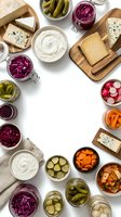 Gourmet cheese board with fermented vegetables, pickles and preserves arranged on white background for culinary design projects.