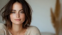 Young brunette woman with natural makeup and short wavy hair wearing beige sweater looking at camera with gentle smile against light wall background.