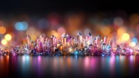 Colorful crystal formations with glowing bokeh background create magical landscape. Pink and blue quartz clusters reflect in water surface against blurred lights.