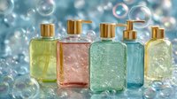 Colorful glass cosmetic bottles with gold pumps surrounded by soap bubbles on blue background. Luxury skincare or bath products.