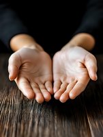 Open palms of Asian woman against dark wooden background, showing gesture of giving, receiving, or praying. Soft natural lighting creates gentle shadows.