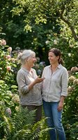 Senior woman with gray hair and middle-aged woman with brown hair enjoying conversation in lush garden surrounded by blooming roses and green foliage, perfect for family, lifestyle and gardening concepts.