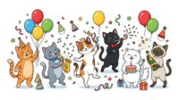 Cartoon cats celebrating party with colorful balloons, party hats, gifts, and confetti. Isolated clipart design for greeting cards, invitations, t-shirts, and festive decorations.
