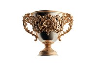 Ornate golden trophy cup with baroque floral patterns and elaborate handles featuring intricate scrollwork and decorative elements on white background, isolated.