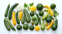Fresh organic zucchini and summer squash varieties arranged on white background. Colorful green and yellow vegetables for healthy cooking and nutrition.