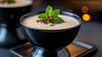 Creamy dessert served in black bowl garnished with fresh mint leaves and chocolate crumbs, elegant presentation with soft bokeh lights in background.